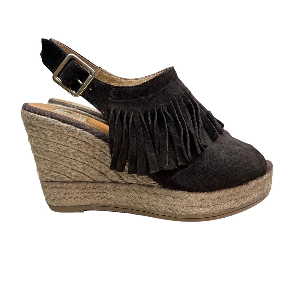 Kanna Wedge Sandals Brown Suede Jute Fringe Trim Slingback Women Size EUR38